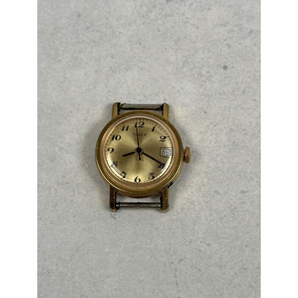 VTG Timex Watch Womens 25mm Date Round Gold Tone Manual Wind WORKING No Band